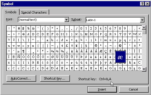 shortcut keys for symbols