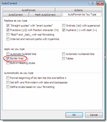 AutoFormat As You Type dialog showing "Border lines"
