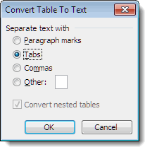 Convert Table to Text dialog