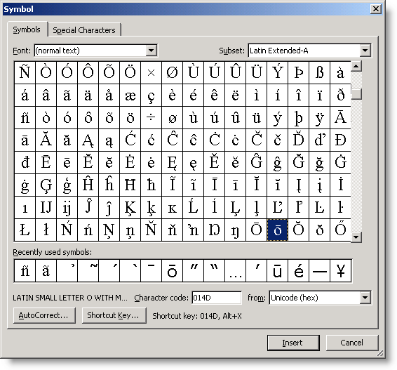 shortcut keys for symbols in word 2010