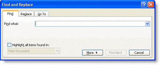 The Find dialog in Word 2003