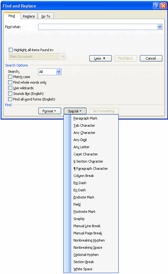 The Special menu in the Find dialog in Word 2003 (identical in Word 2007 and above)