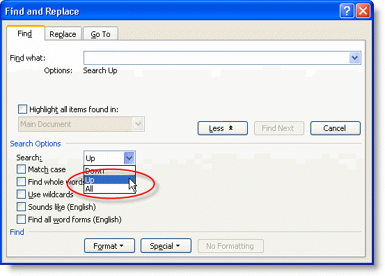 The expanded Find dialog in Word 2003 showing direction dropdown