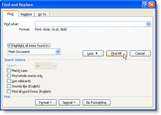 Word 2003 Find dialog showing Find All