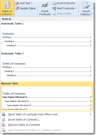 create manual table of contents word 2010