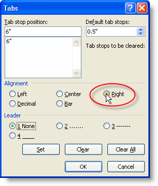Tabs dialog with appropriate settings