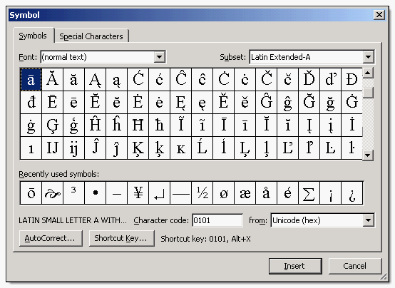 The Symbol dialog showing characters with long and short marks