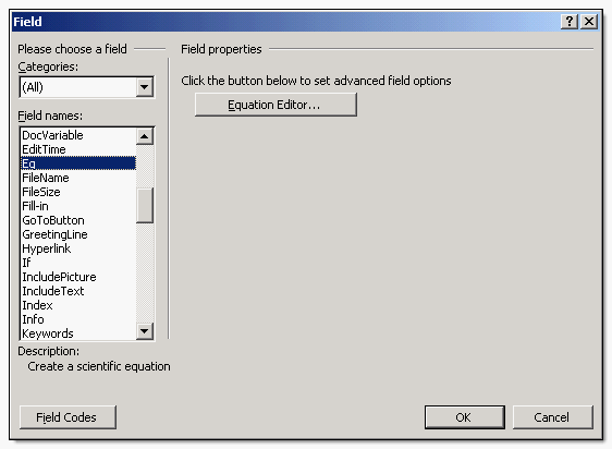 The Field dialog for the Eq field in Word 2002/2003