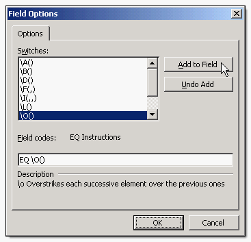 The Field Options dialog for the Eq field