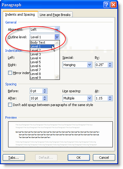 The Paragraph dialog showing TOC outline levels
