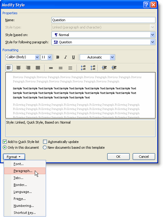 The Modify Style dialog showing formatting options