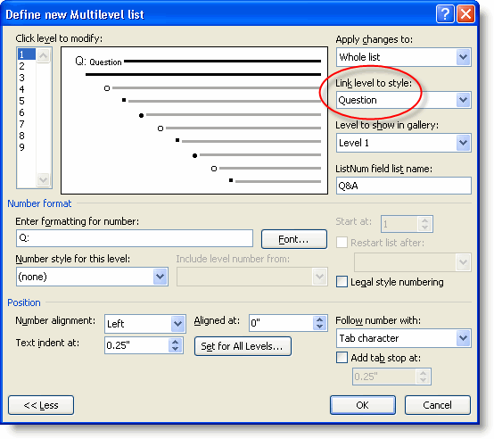 The Define New Multilevel List dialog showing Level 1 linked to Question style