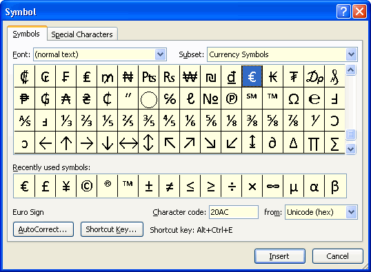 list of microsoft word symbols