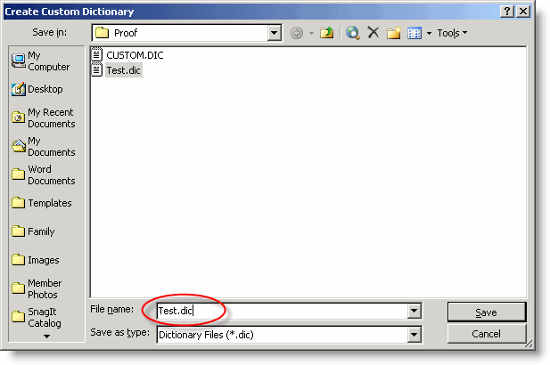 Create Custom Dictionary dialog in Word 2003