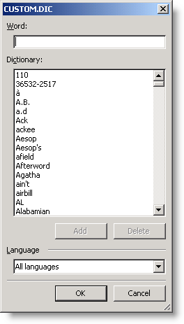 A custom dictionary opened for modification