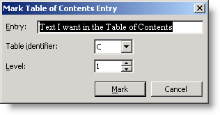 Mark Table of Contents Entry dialog