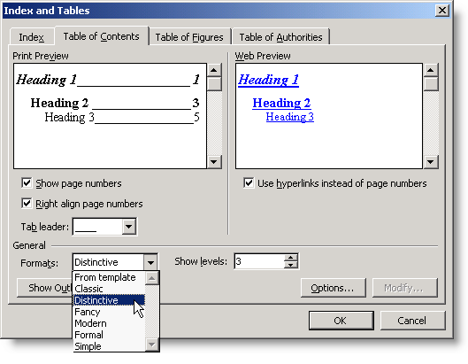 The Table of Contents tab of the Index and Tables dialog showing available formats