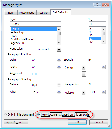 how to edit set default style pane in word