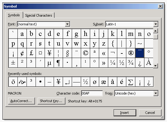 The Symbol dialog showing the overbar character